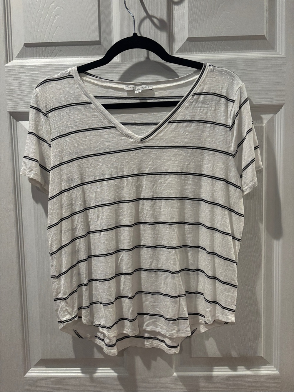 Green Envelope White V-Neck Tee with black Stripes - Women